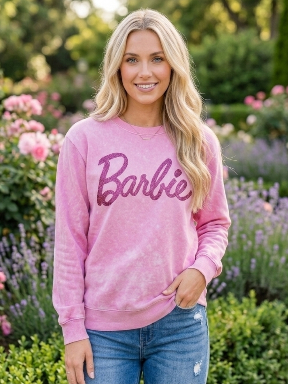 Barbie Medium Pink White Tie Dye Pullover Crewneck Sweater Glitter Barbie